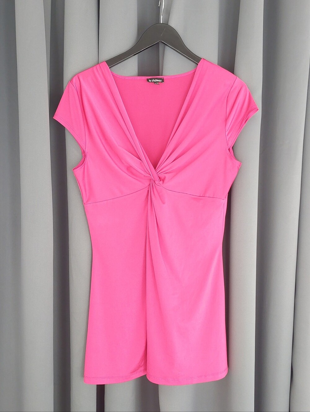VTG Le Chateau Y2K Hot Pink Twist Front Plunge V Neck Ruched Cap Sleeve Top XL